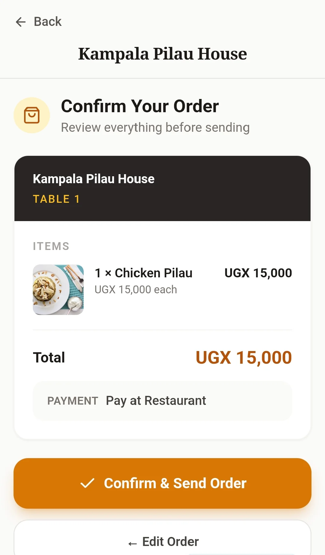 Order review screen showing selected food items, quantity and total price before sending