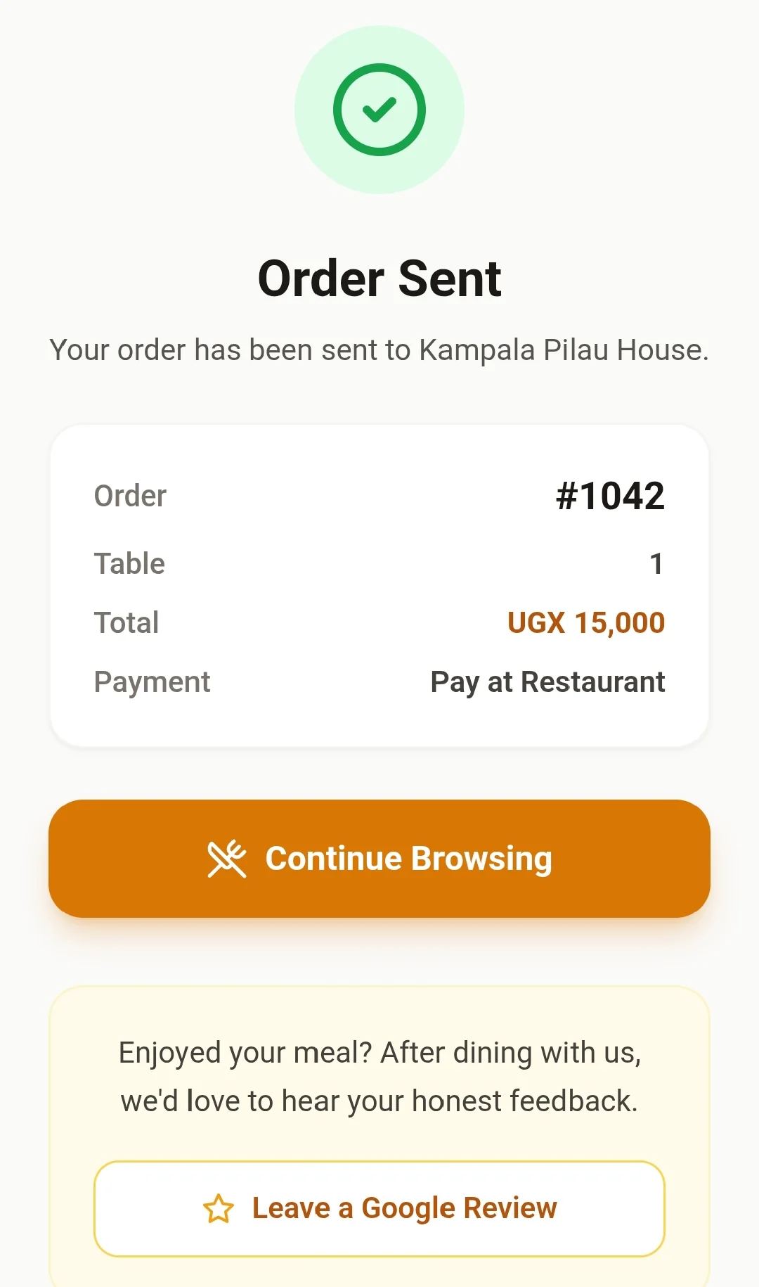 Order confirmed screen with order number, and a prompt to leave a Google review after dining