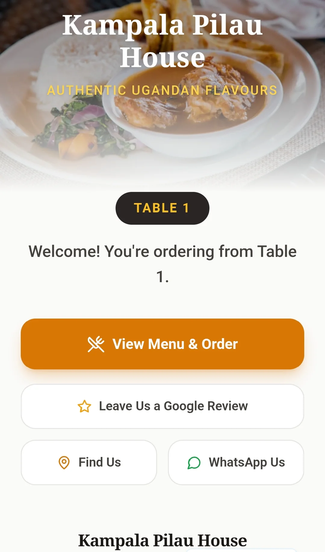 Table identification screen showing Table 5 after scanning the QR code, with menu, review and WhatsApp options