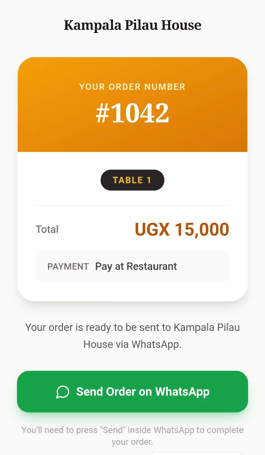 Order summary screen with a button to send the completed order to the restaurant via WhatsApp