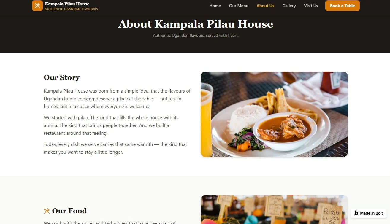 Kampala Pilau House About Us page telling the restaurant's story