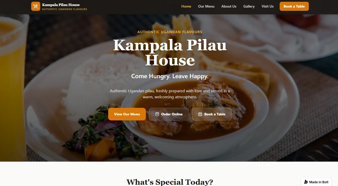 Kampala Pilau House website homepage with hero section and ordering call-to-action buttons