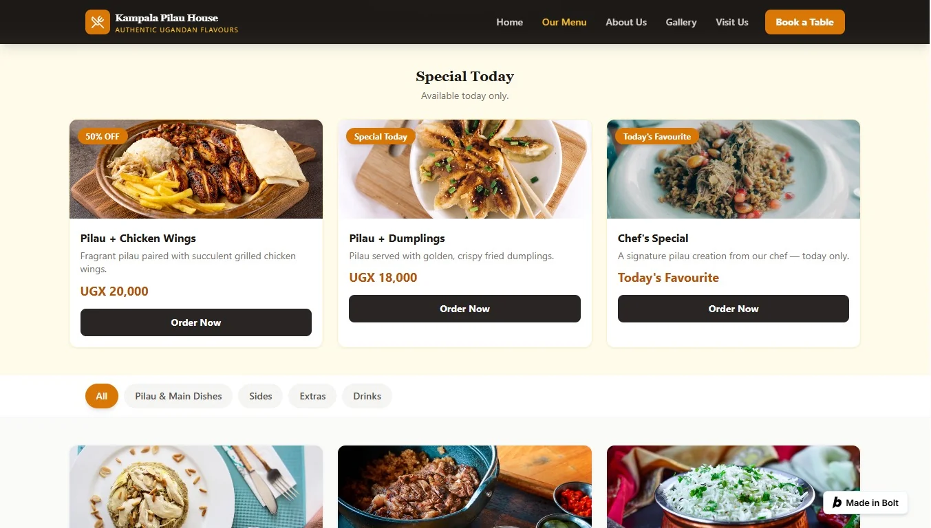 Kampala Pilau House digital menu page showing today's specials and filterable food categories
