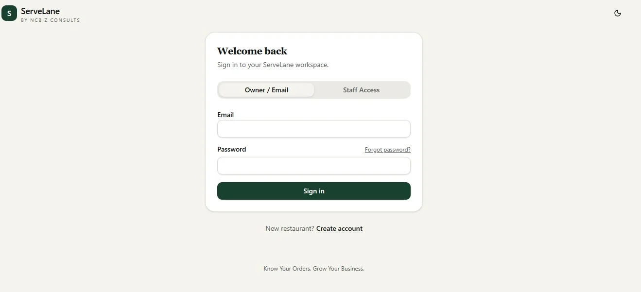 ServeLane owner sign-in screen with email and password fields