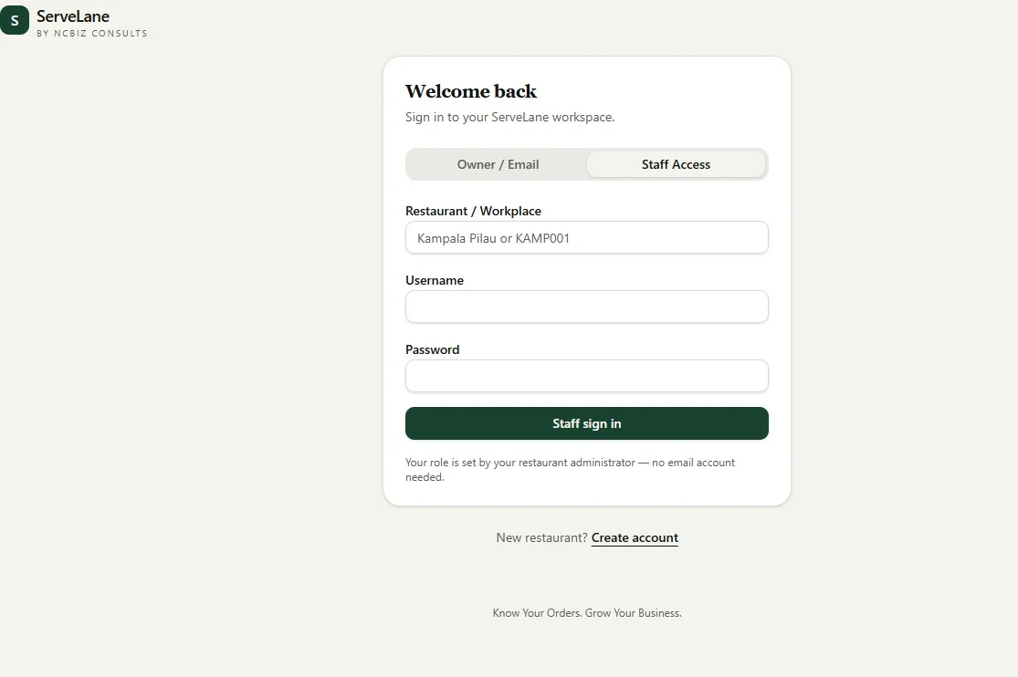 ServeLane staff access sign-in screen using workplace name and username, no email required